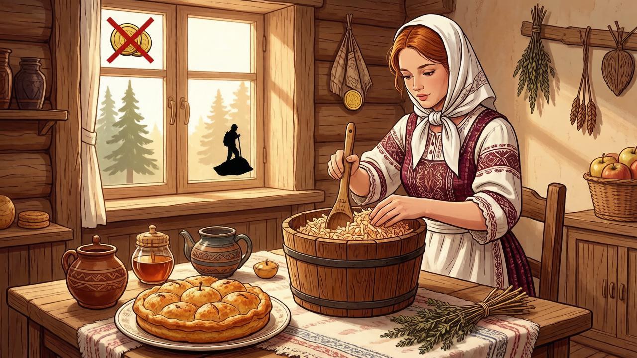 Хозяйка квасит капусту в избе с символическими запретами — иллюстрация к традициям Мамонтия Овчарника